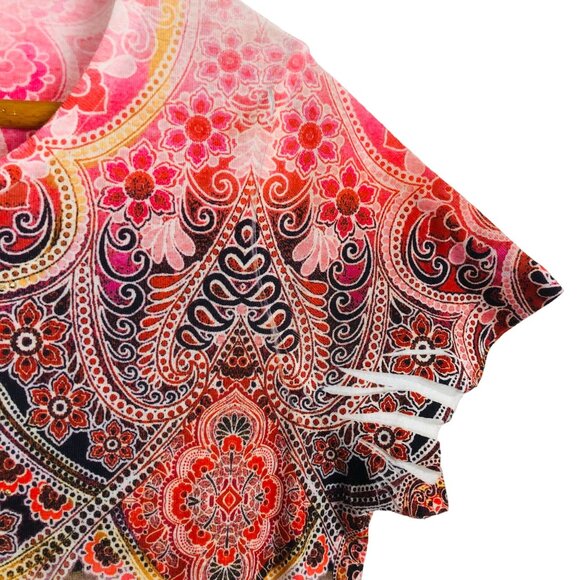 One World Casual Paisley Print Top Sz Large Boho Chic Pink Red Embellished - Picture 4 of 7